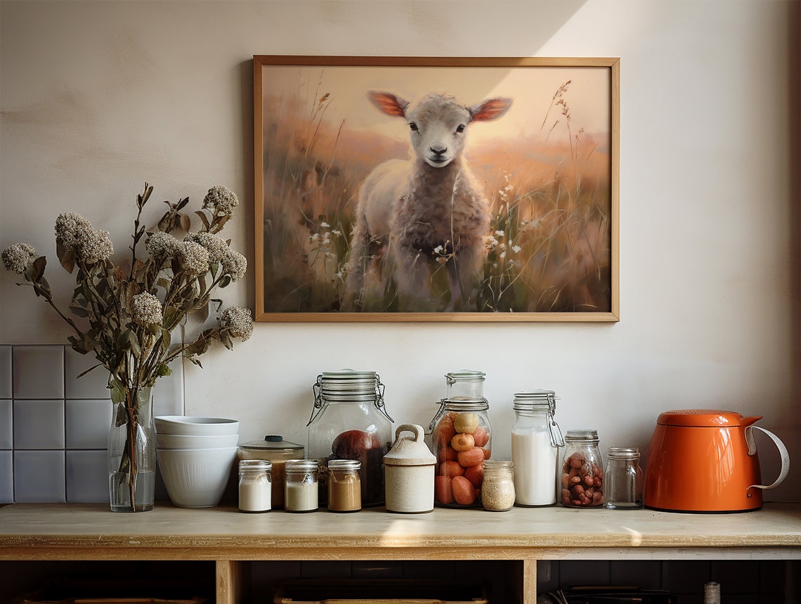 Soft Baby Lamb Sunset Golden Pasture Farm Nursery Decor Wall Art - Image 2