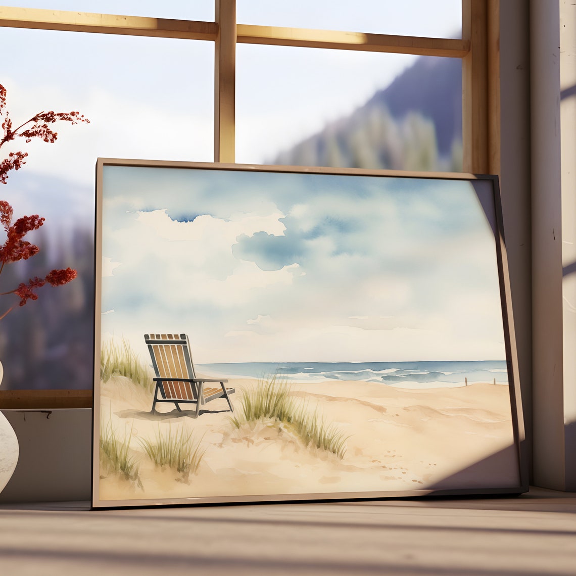 Watercolor Beach Scene Lone Deck Chair Dunes Coastal Wall Art - Image 3