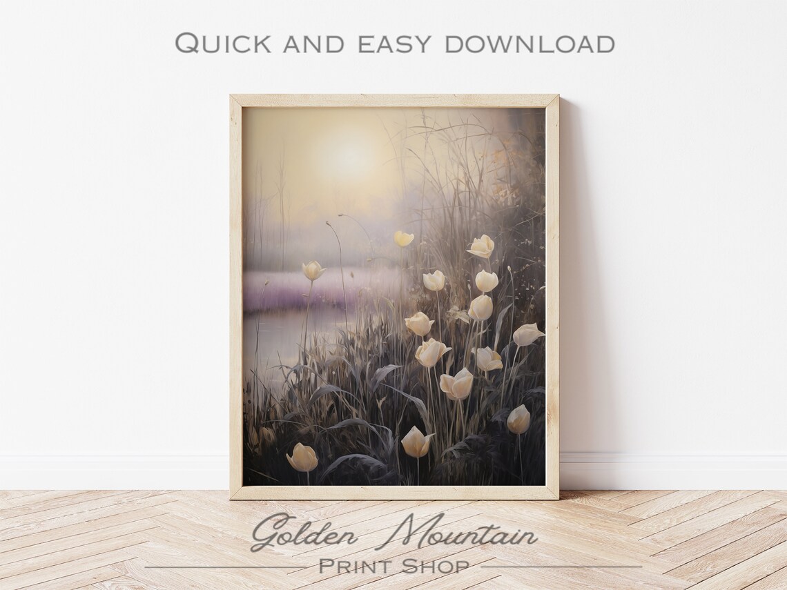 Cream Tulips in Misty Reeds at Sunrise Moody Spring Field Print - Image 2