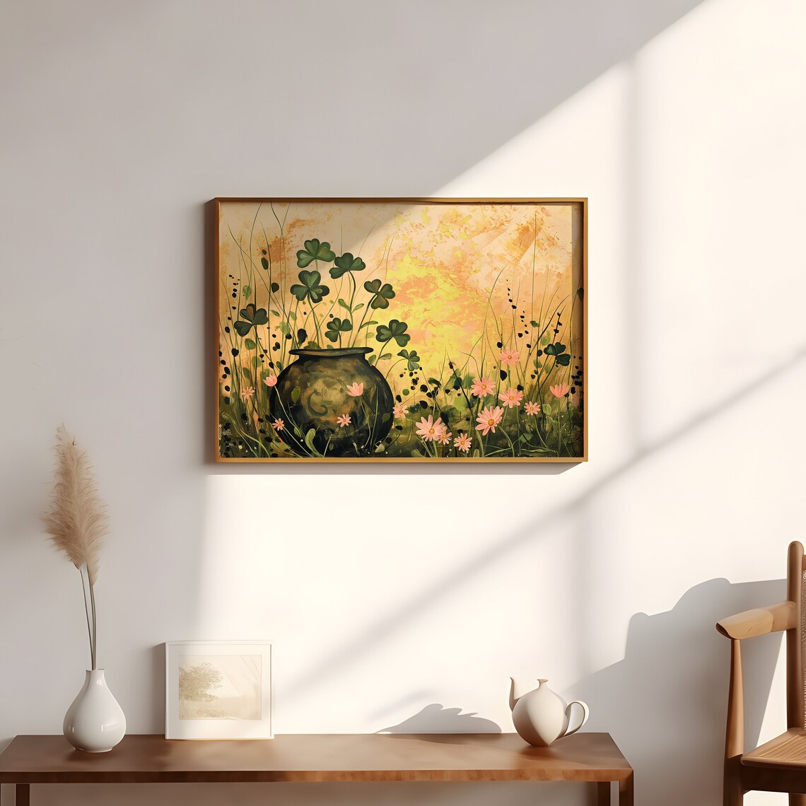 Pot of Gold with Shamrocks and Pink Daisies Golden Sunset Art Poster - Image 2