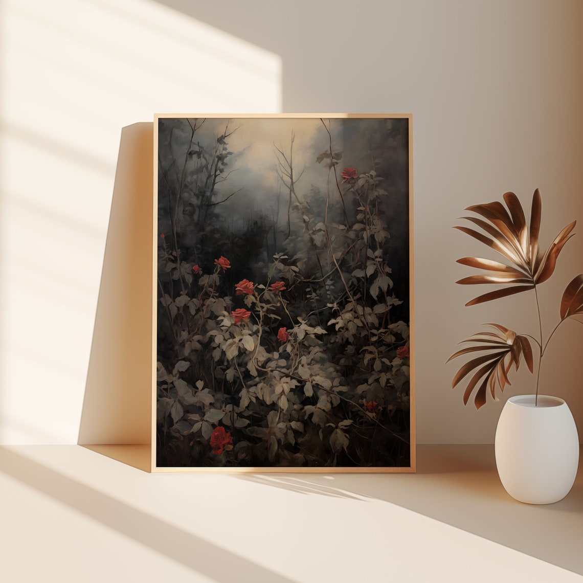 Red Roses Dark Forest Night Moody Shadow Floral Decor Wall Art - Image 3