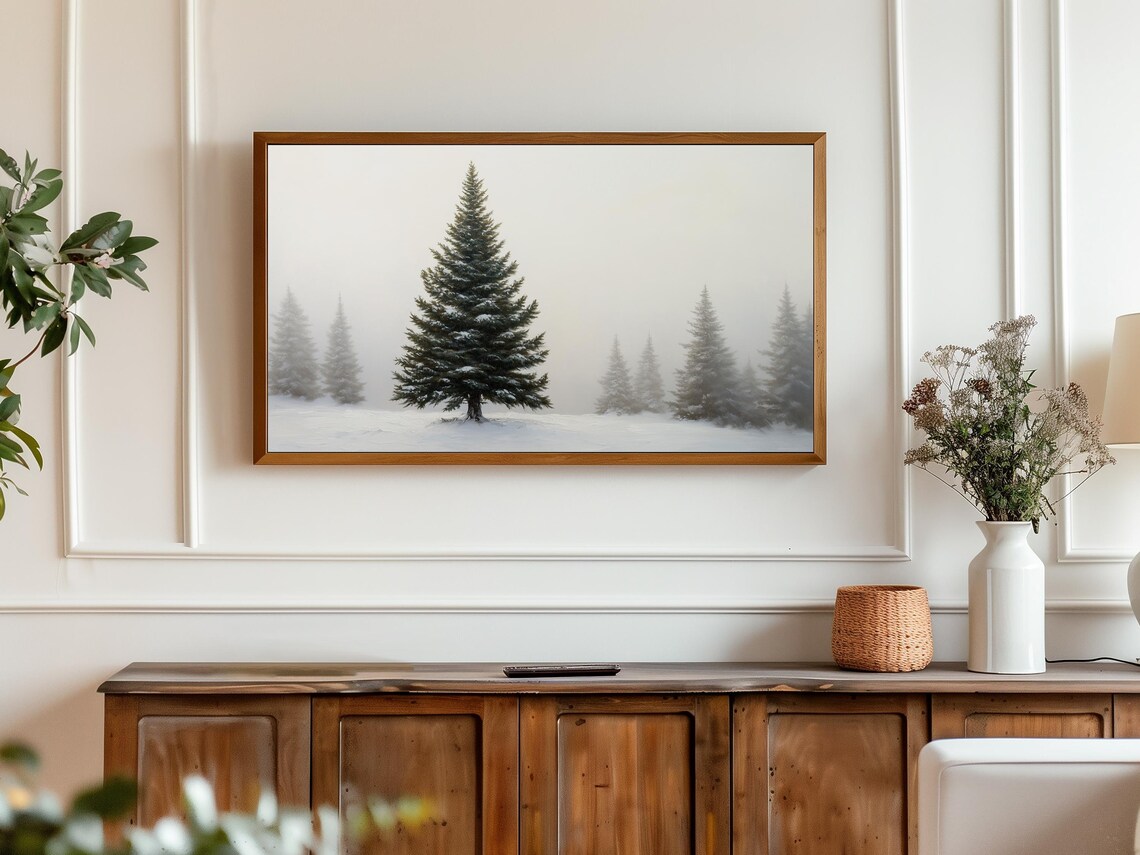 Snowy Pine Tree Foggy Field Winter Minimalist Nature TV Wall Art - Image 3