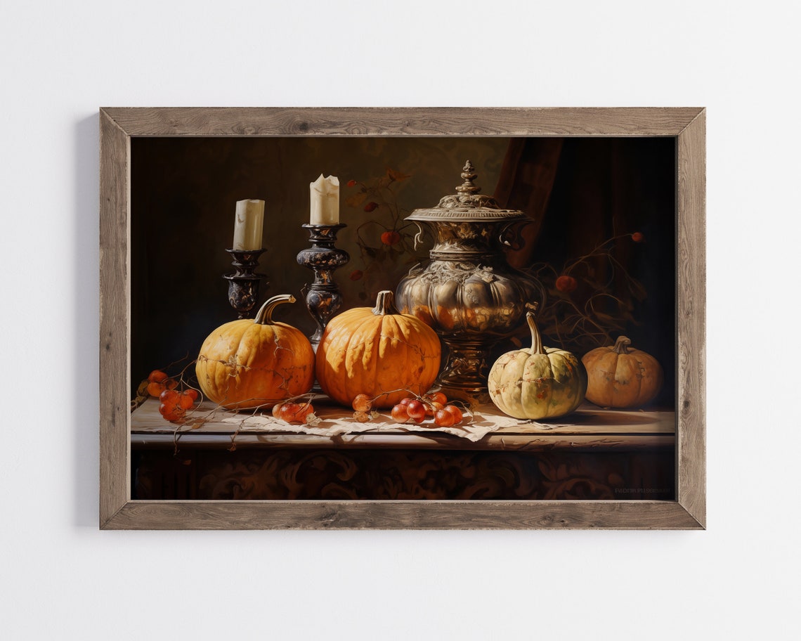 Moody Autumn Still Life With Pumpkins Candles And Silver Urn Poster - Image 2