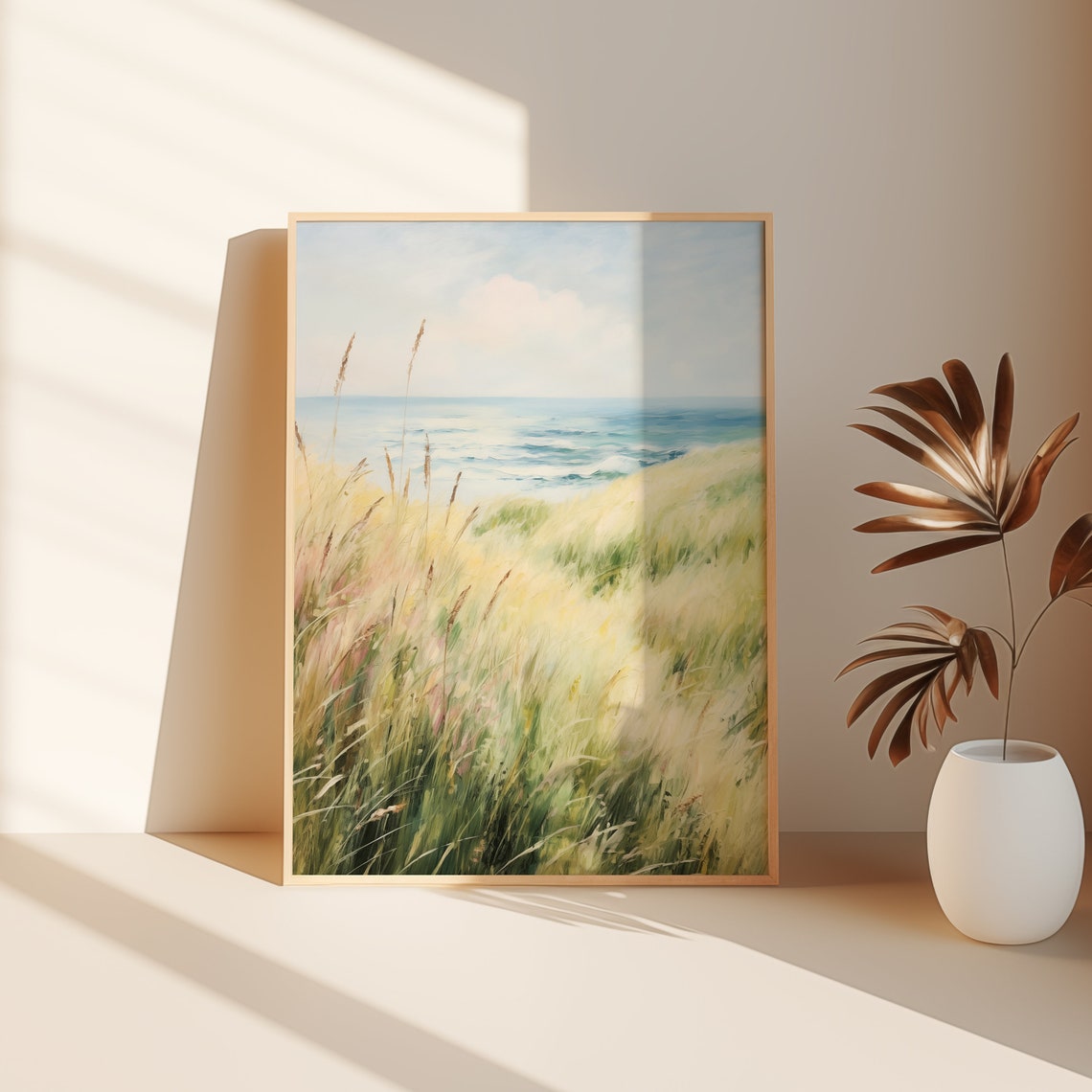 Windblown Beach Grass Dunes Meeting the Ocean Coastal Scene Poster - Image 3