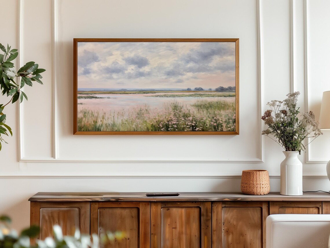 Pink Marsh Wetland Sunset Wildflowers Pastel Landscape TV Wall Art - Image 3
