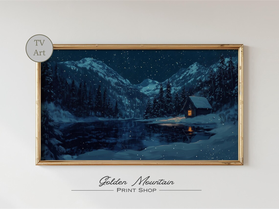 Snowy Cabin on Frozen Lake Winter Night Mountains TV Wall Art - Image 2