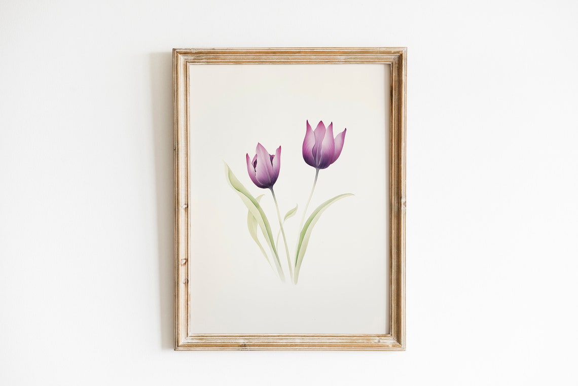 Purple Tulip Pair Minimalist Botanical Watercolor Decor Wall Art - Image 2