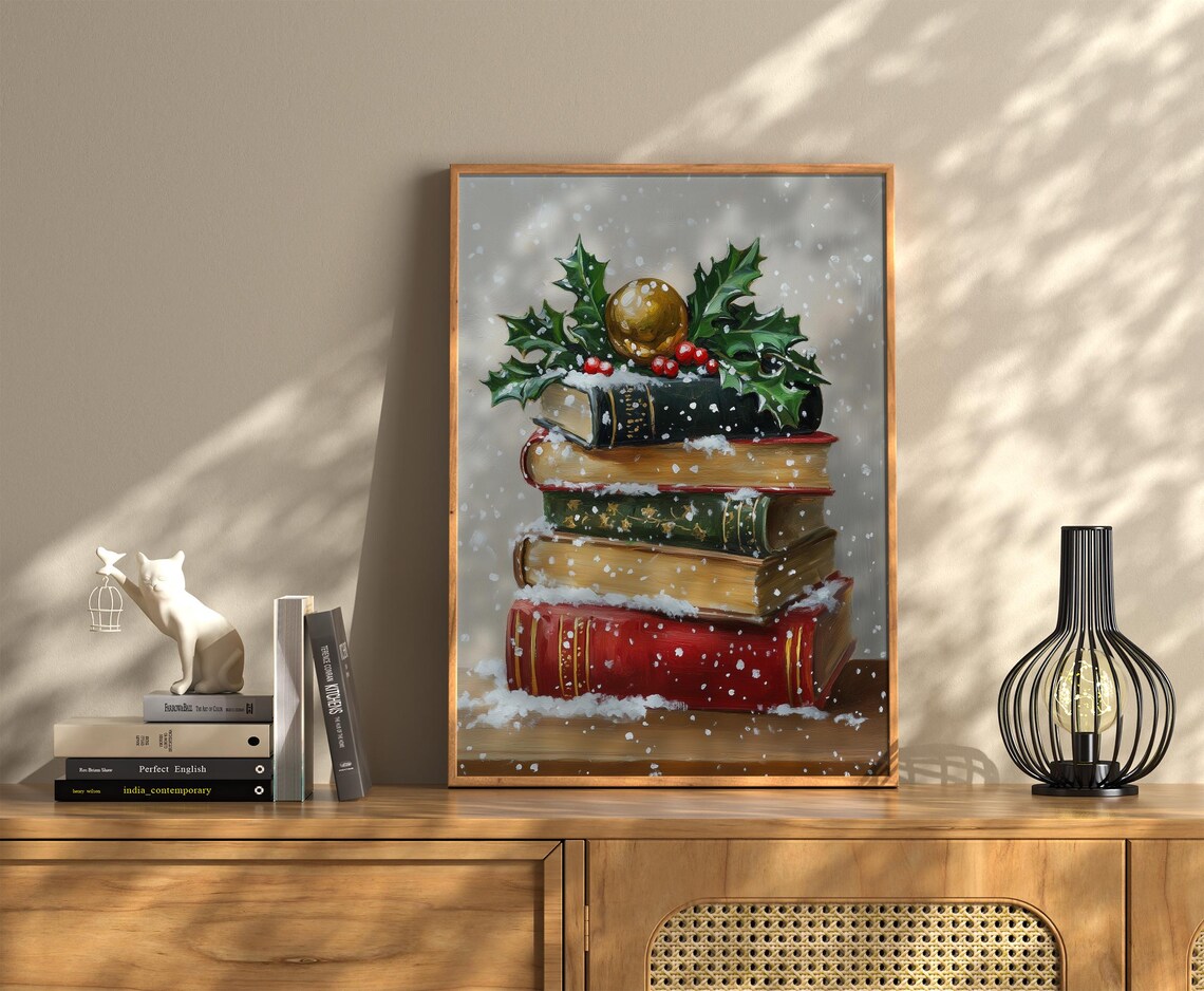 Snowy Christmas Books Gold Ornament Holly Berry Still Life Poster - Image 2