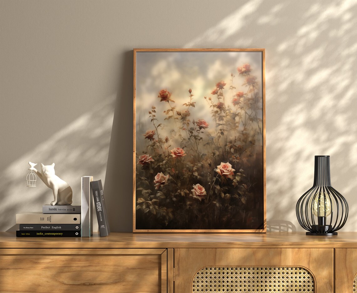 Dark Antique Moody Rose Painting Floral Wall Art Art Vintage Dark Academia Painting Botanical Wall Art Dark Roses Flower Decor - Image 3