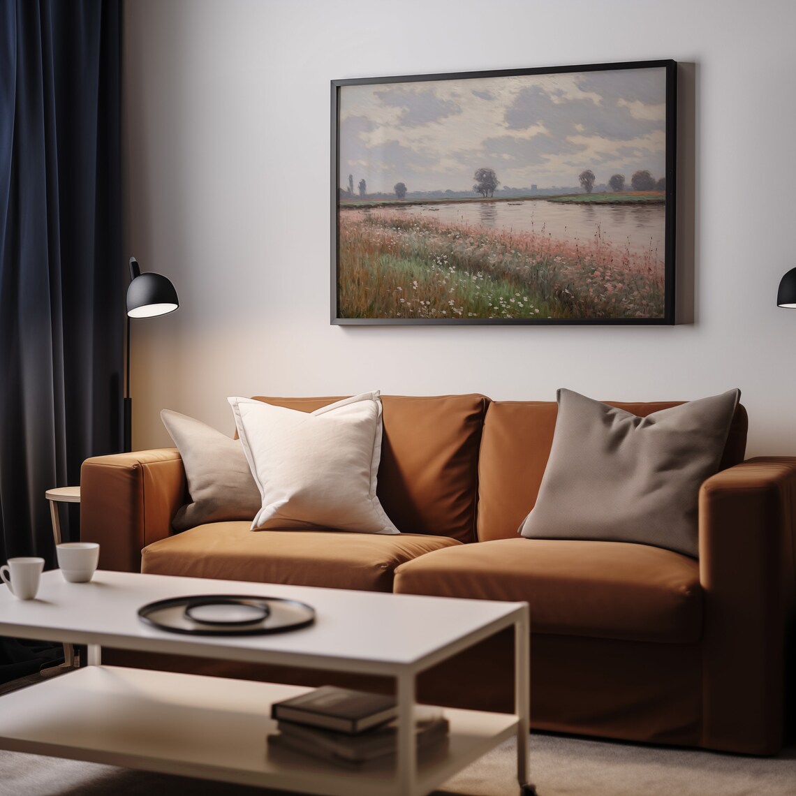 Wildflower Riverbank Cloudy Sky Country Landscape Oil Painting Print - Image 2