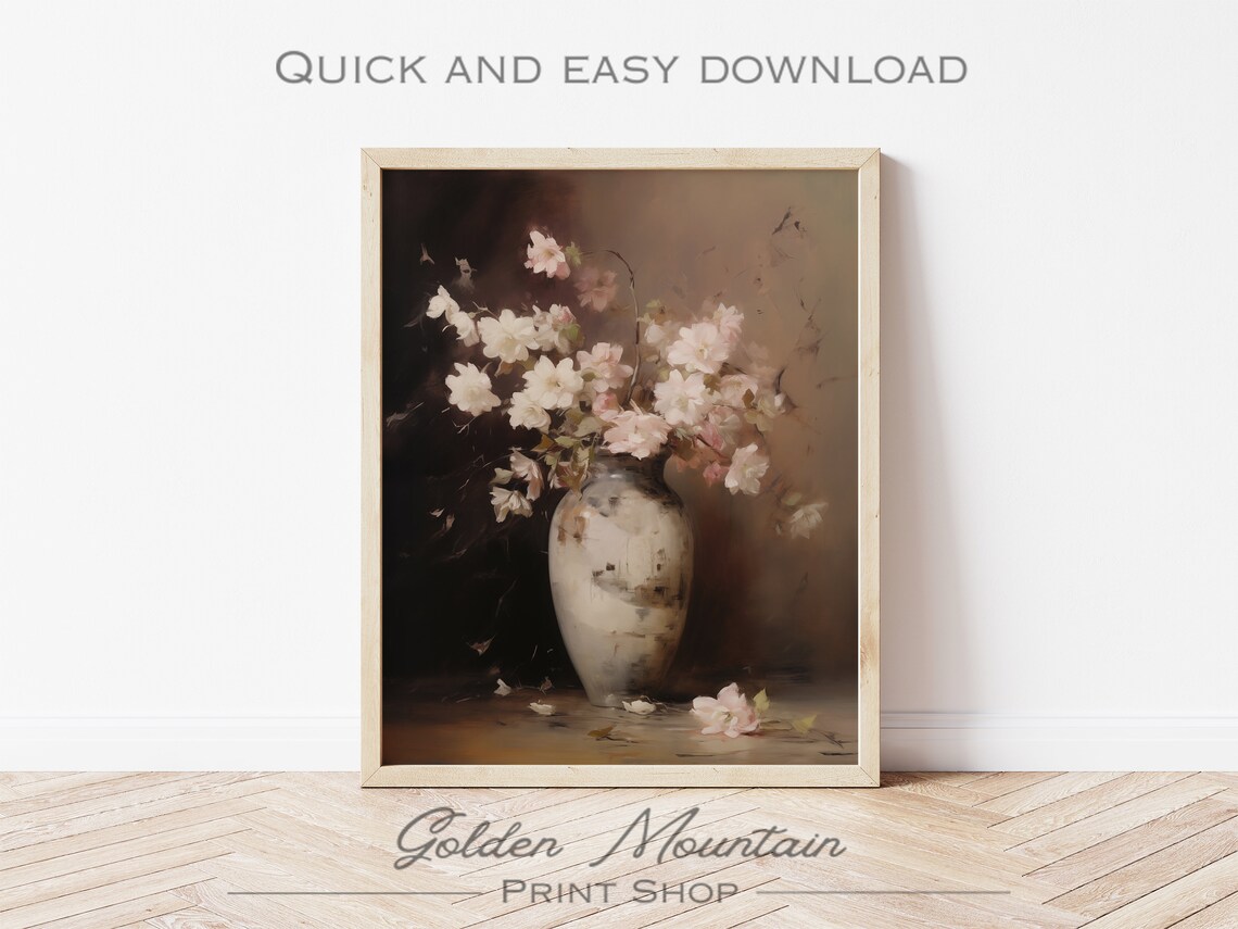 Blush Pink Blossoms in Vintage Vase Dark Moody Floral Still Life Poster - Image 2