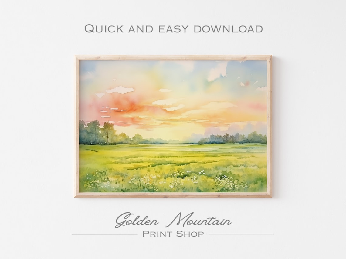 Spring Landscape Watercolor Art Print, Seasonal Meadow - Image 3
