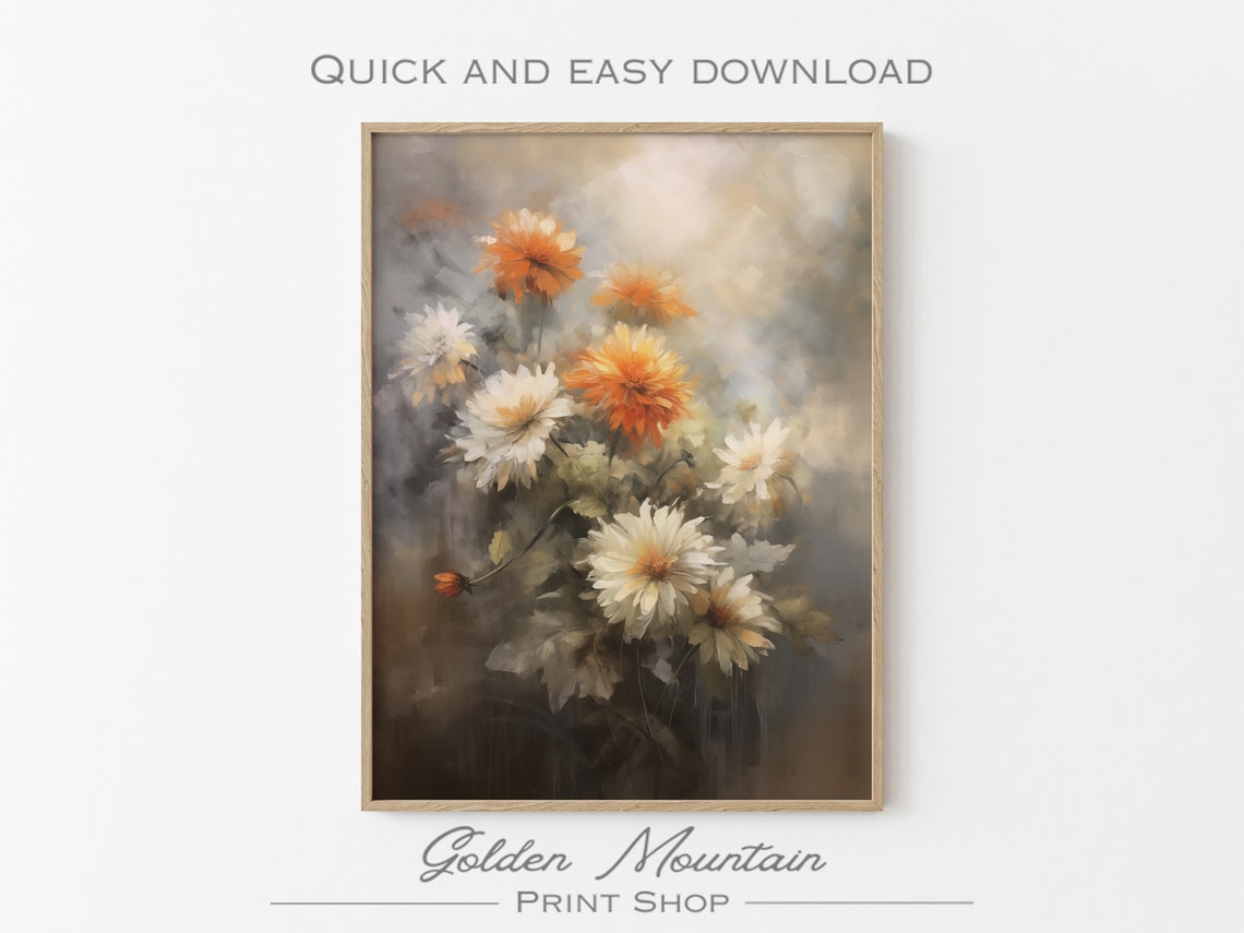 Moody White and Orange Blossom Bouquet Dark Floral Still Life Print - Image 3