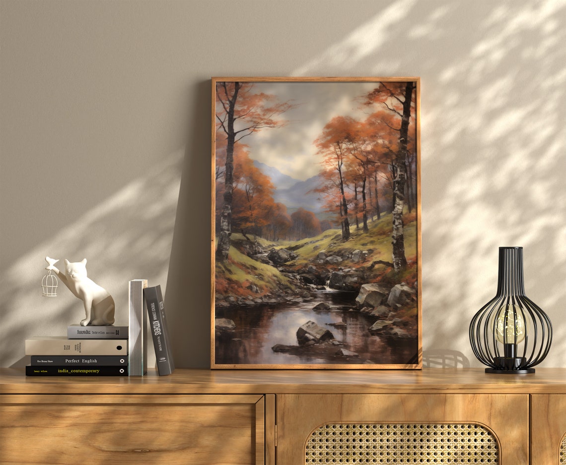 Birch Trees Rocky Stream Autumn Mountain Vintage Landscape Poster - Image 3