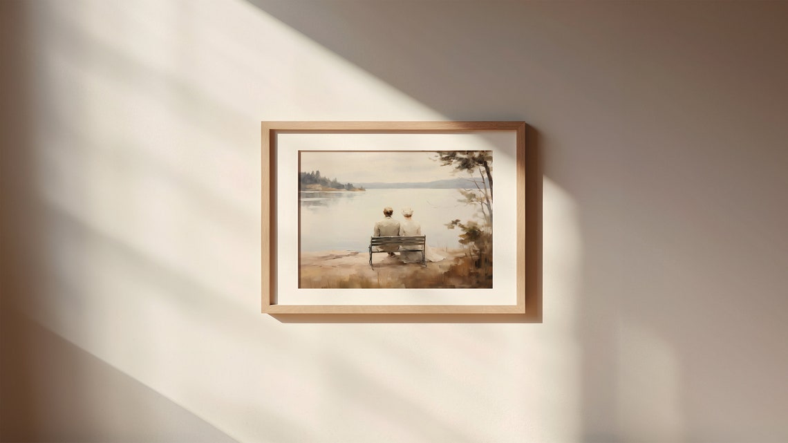 Romantic Couple on Lake Bench Soft Neutral Watercolor Landscape Print - Image 2