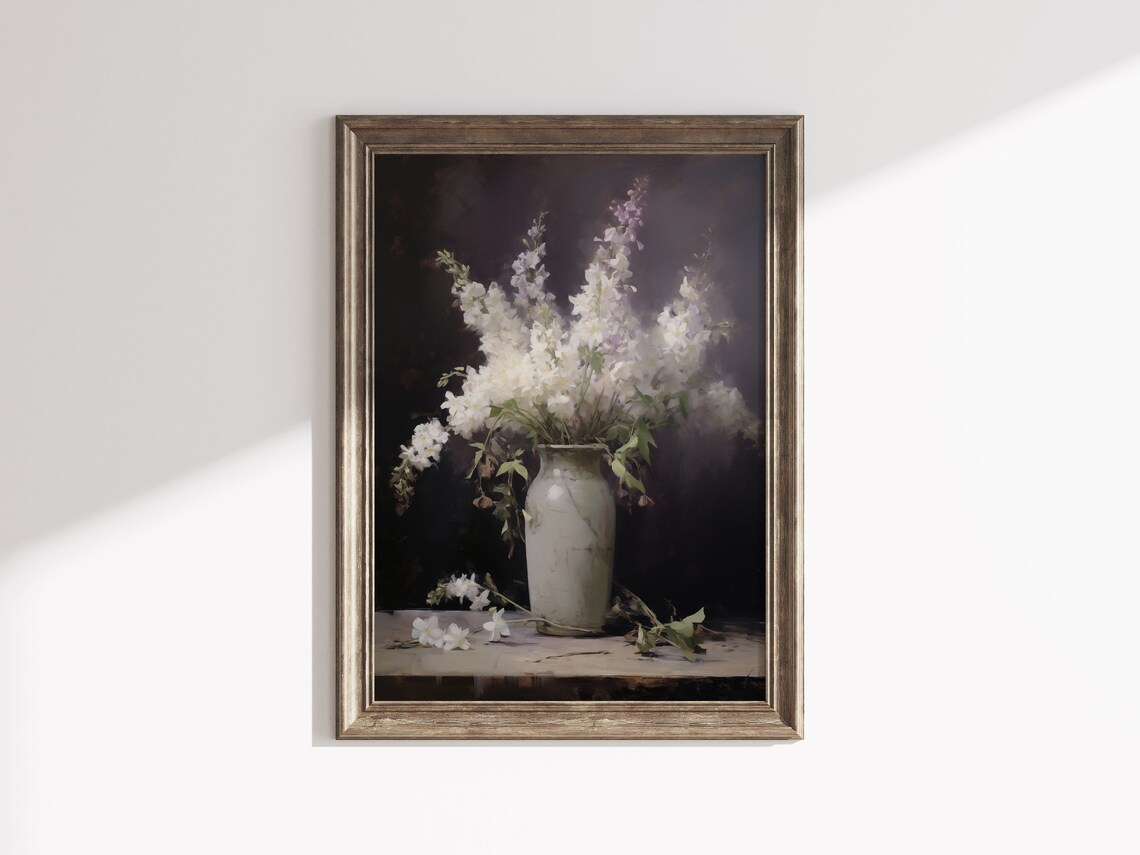 White Delphinium Flowers in Ceramic Vase Dark Moody Floral Still Life Poster - Image 2