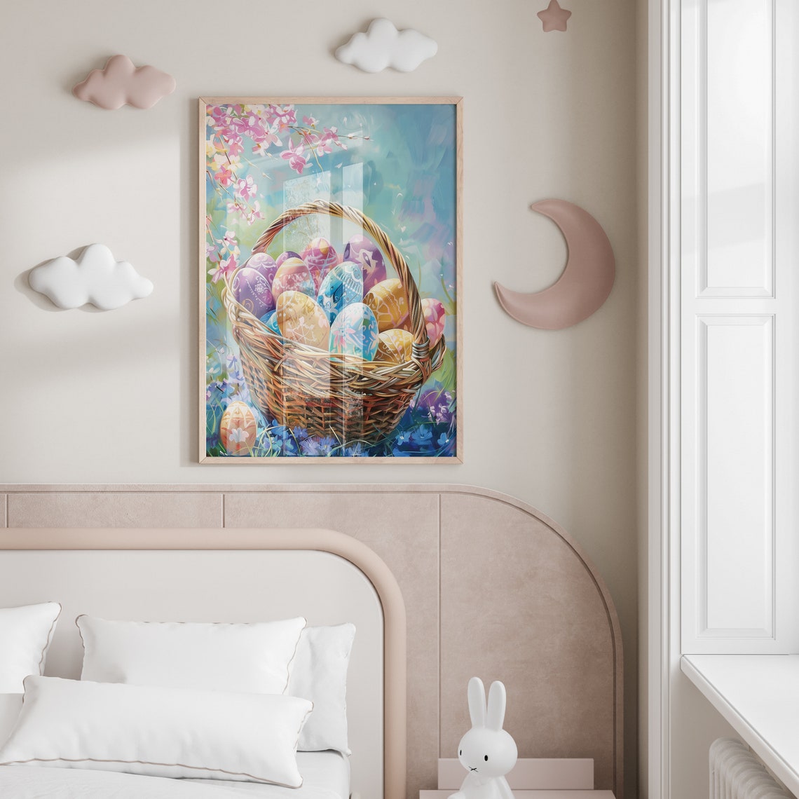 Painted Easter Egg Basket with Cherry Blossoms Spring Oil Print - Image 2