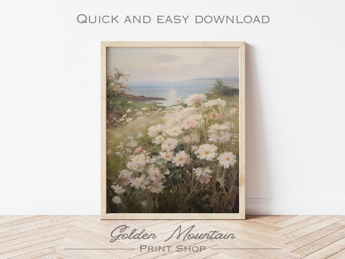 Coastal Wildflower Meadow with Daisies Overlooking Ocean Seascape Poster - Image 3