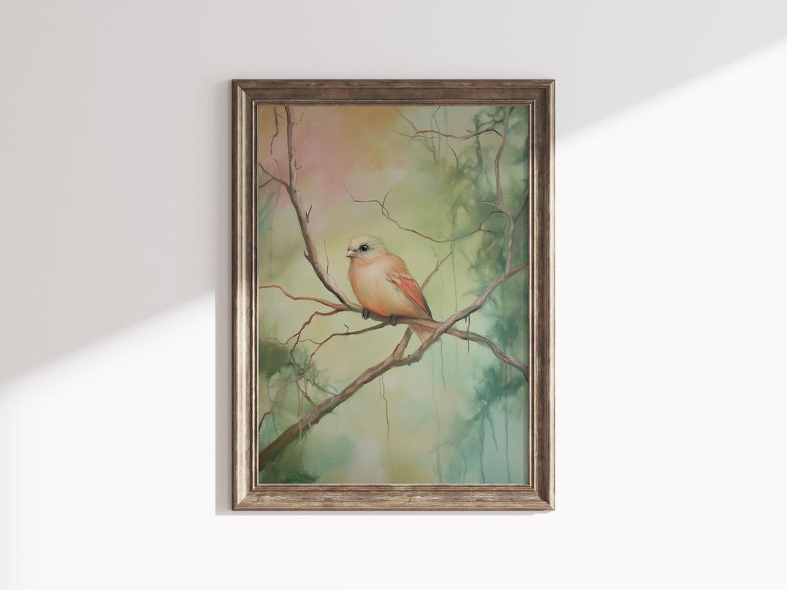 Cute Orange Brown Songbird on Branch Pastel Forest Spring Bird Poster - Image 3
