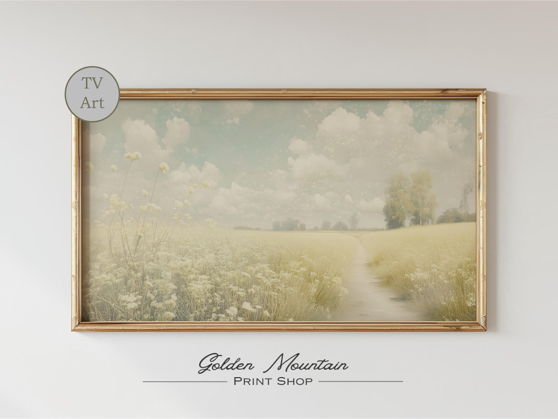 Pale Yellow Wildflower Meadow Path Cloudy Sky Soft Landscape Poster