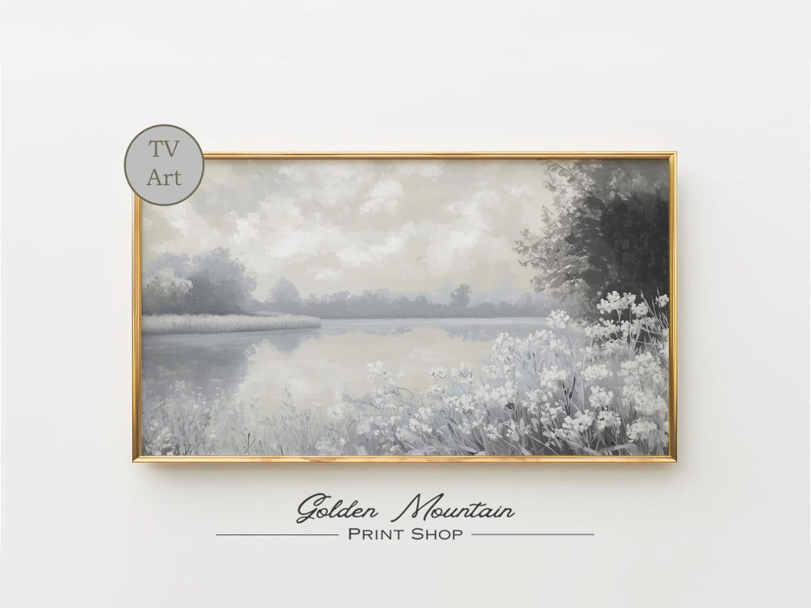 White Wildflowers Misty Lake Neutral Farmhouse Landscape Poster
