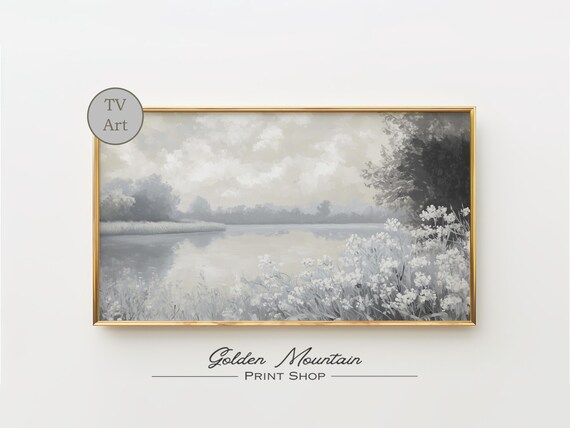 White Wildflowers Misty Lake Neutral Farmhouse Landscape Poster