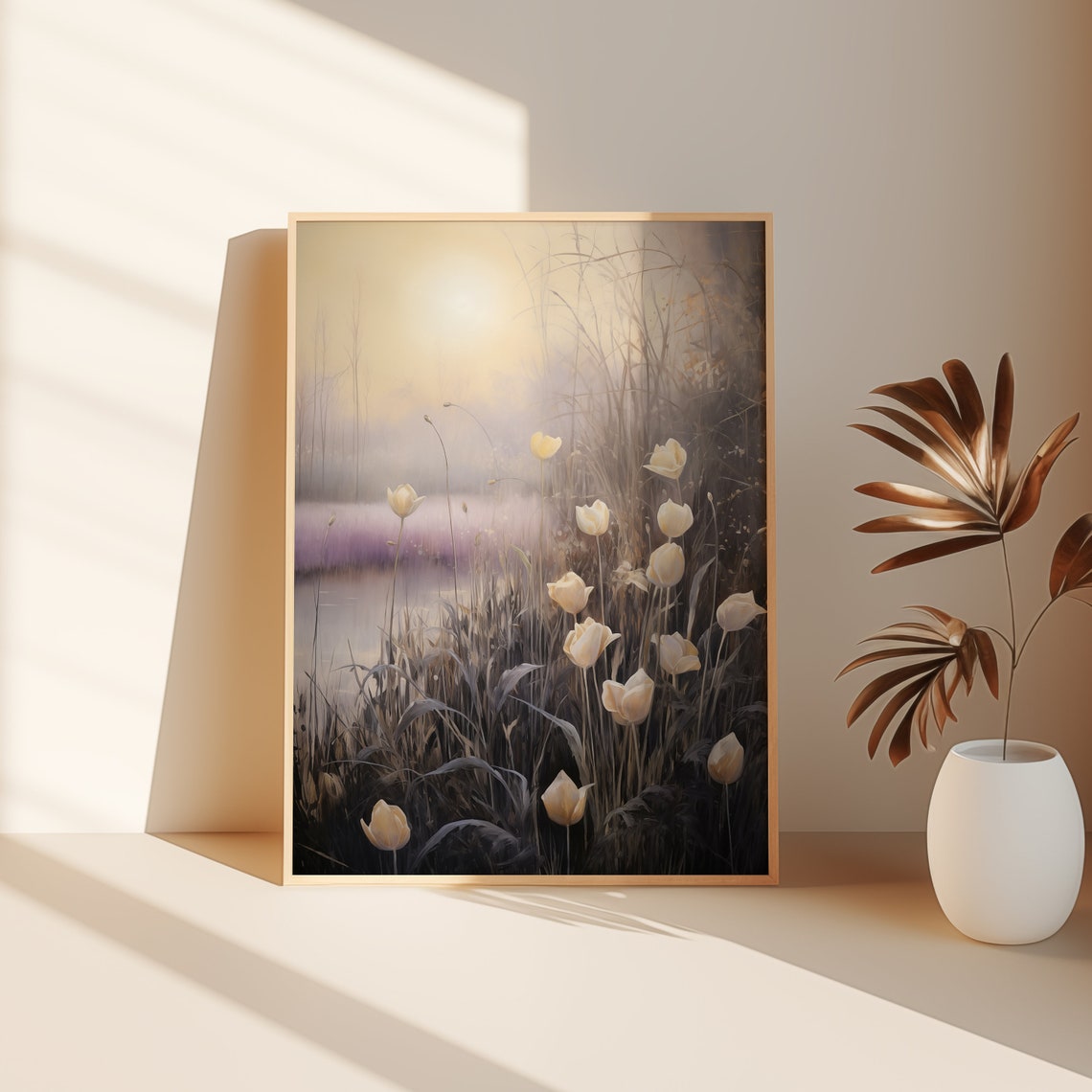 Cream Tulips in Misty Reeds at Sunrise Moody Spring Field Print - Image 3