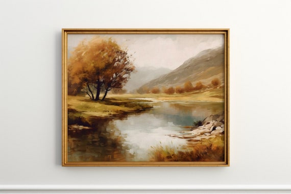 Autumn River Vintage European Oil Painting, Art Print