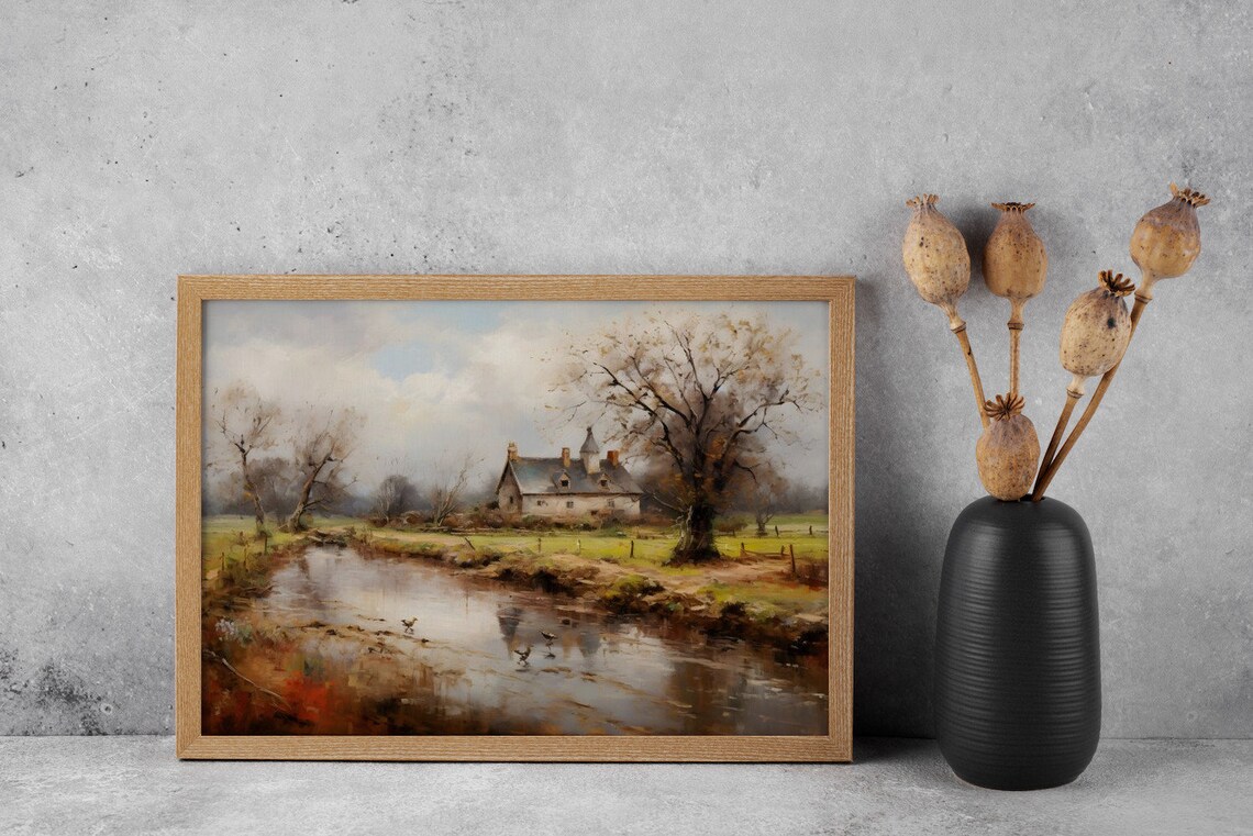 Rustic Reflections, A Cottage By The Stream Antique Print - Image 3