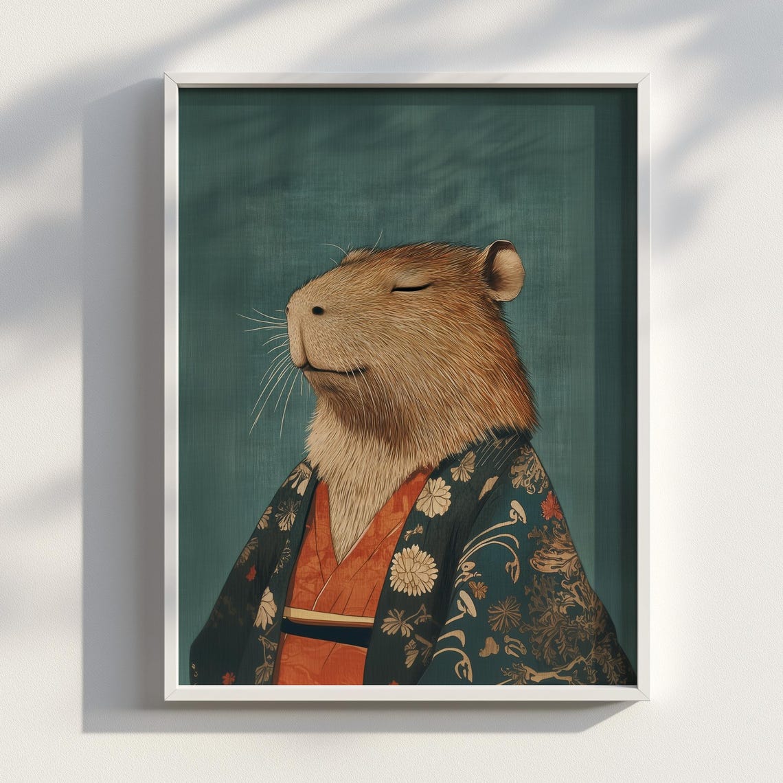 Capybara in Kimono Japanese Floral Teal Portrait Funny Art Poster