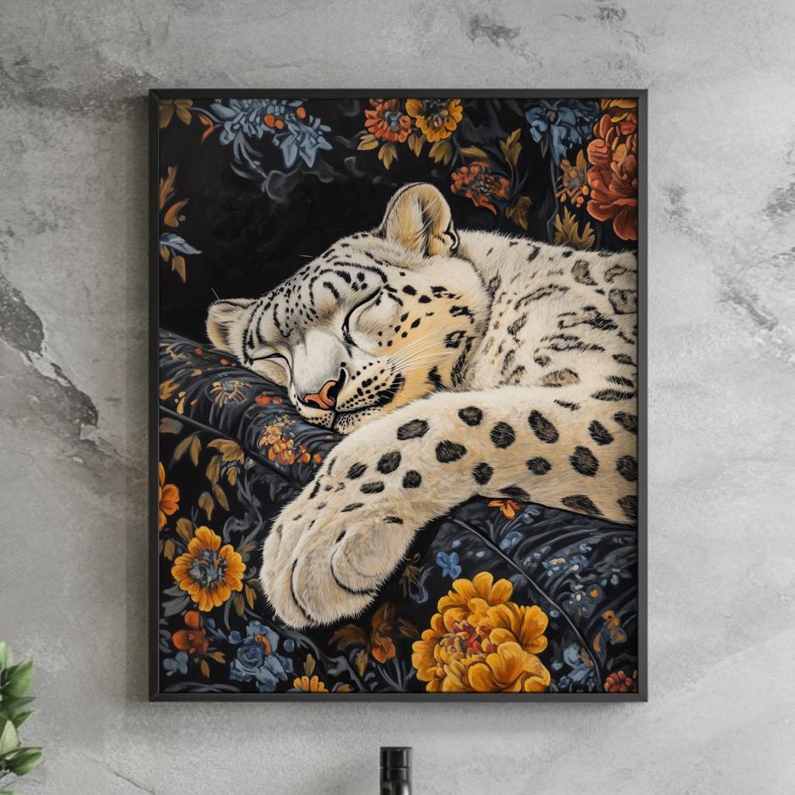 Sleeping Snow Leopard Floral Couch Vintage Animal Art Poster
