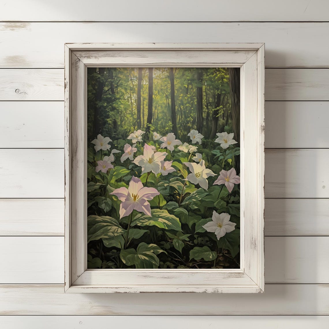 Trillium Bed Delicate White Wildflower Forest Painting Print