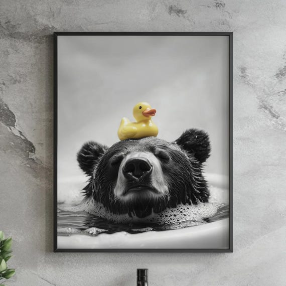 Funny Bear Bath Print Relaxing Bubble Wall Art Black And White Animal Poster Rubber Duck Bathroom Decor Whimsical Wildlife