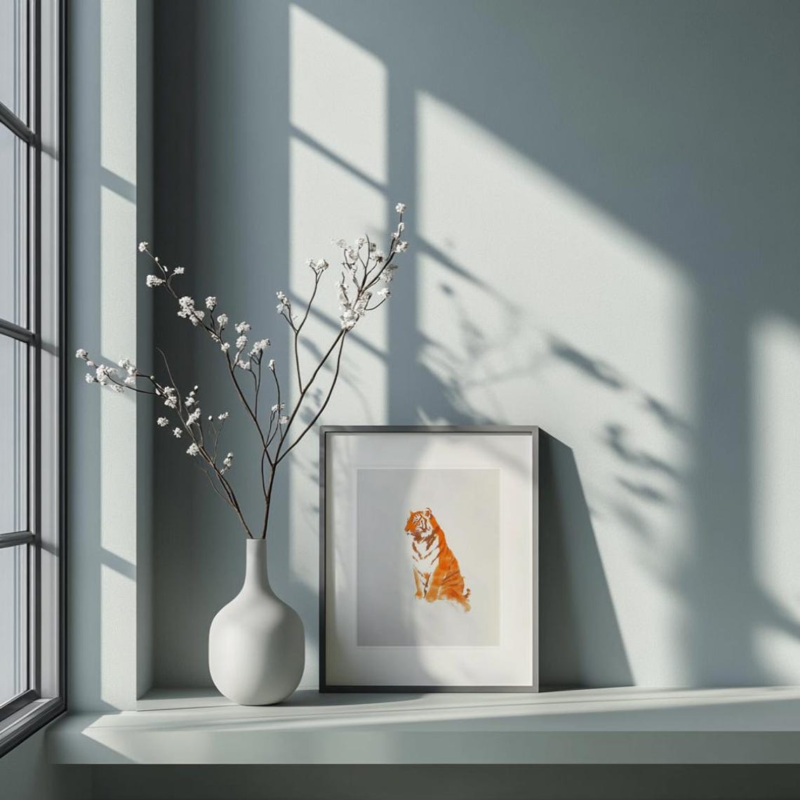 Sitting Tiger Japanese Sumi E Ink Orange Minimalist Art Poster - Image 2