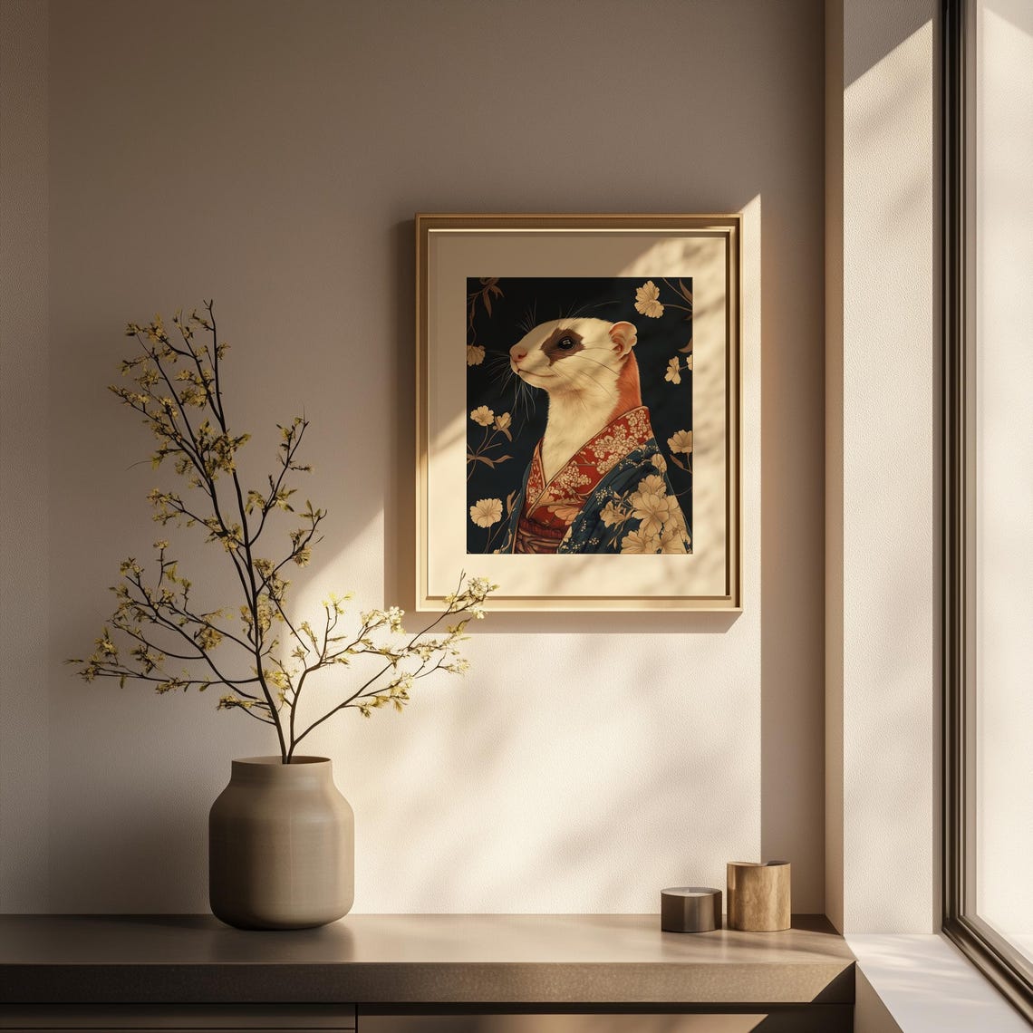 Ferret in Kimono Japanese Floral Dark Portrait Funny Art Poster - Image 3