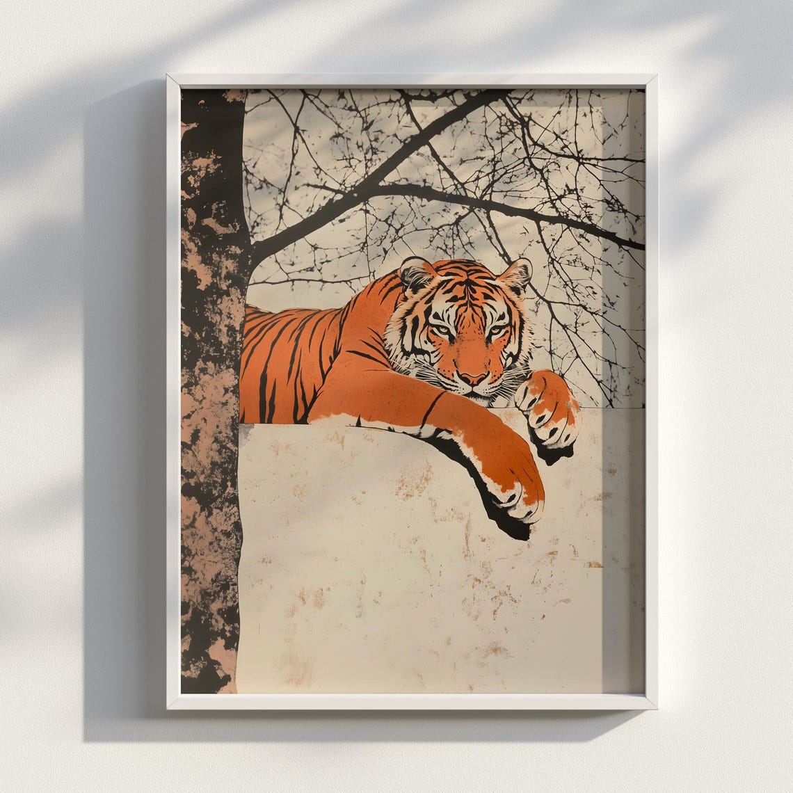 Vintage Tiger Lithograph Resting Over Ledge Bold Big Cat Art Poster
