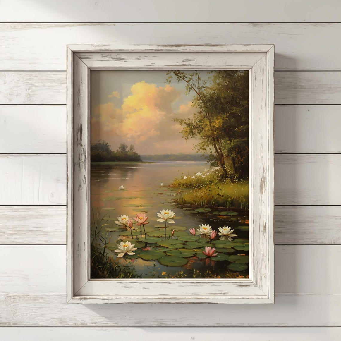 Golden Reflections on a Water Lily Pond at Sunset Painting Poster