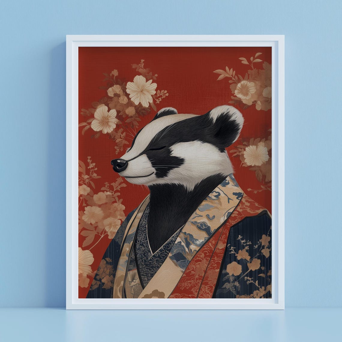 Badger in Kimono Japanese Floral Red Portrait Funny Art Poster - Image 4