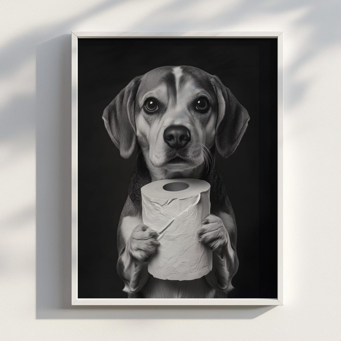 Funny Beagle Holding Toilet Paper Black And White Dog Photo Poster