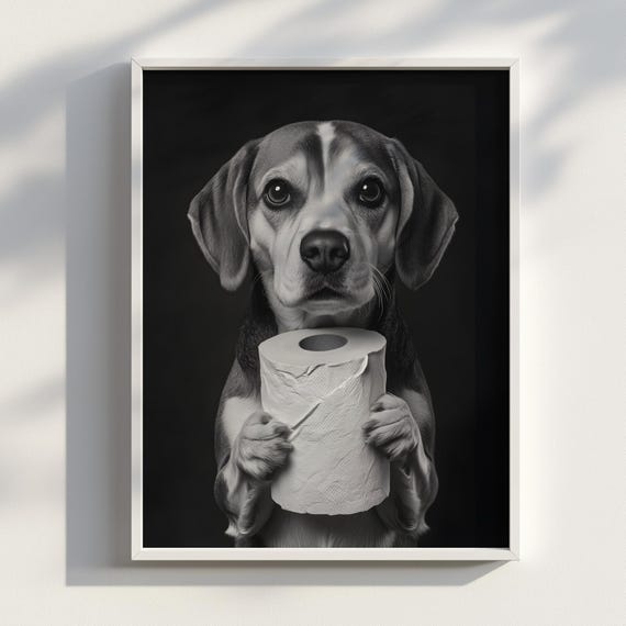 Hold My Roll Black And White Beagle With Toilet Paper Funny Dog Photography Print Monochrome Pet Wall Art