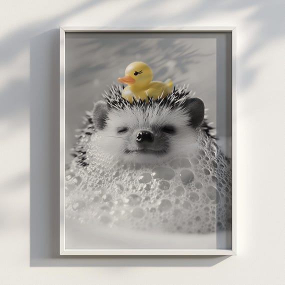 Soapy Hedgehog Bubble Bath Art Poster Rubber Duck Cute Bathroom Print Wall