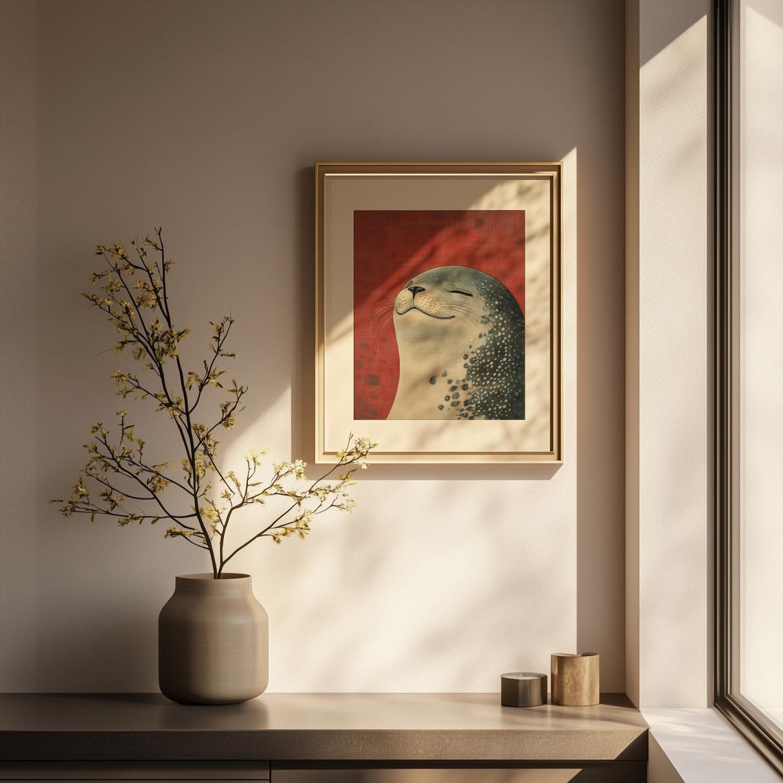 Serene Spotted Seal Portrait Red Minimal Marine Animal Art Poster - Image 4