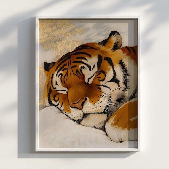 Sleeping Tiger Japanese Ink Style Portrait Golden Bamboo Wall Art