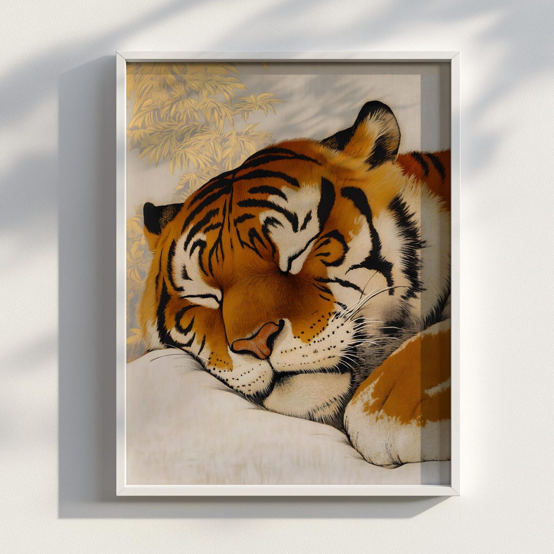 Sleeping Tiger Japanese Ink Style Portrait Golden Bamboo Wall Art