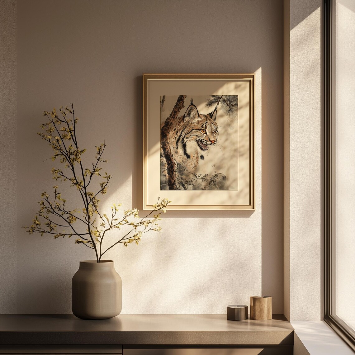 Wild Lynx Japanese Ink Brushwork Wildlife Portrait Art Poster - Image 3