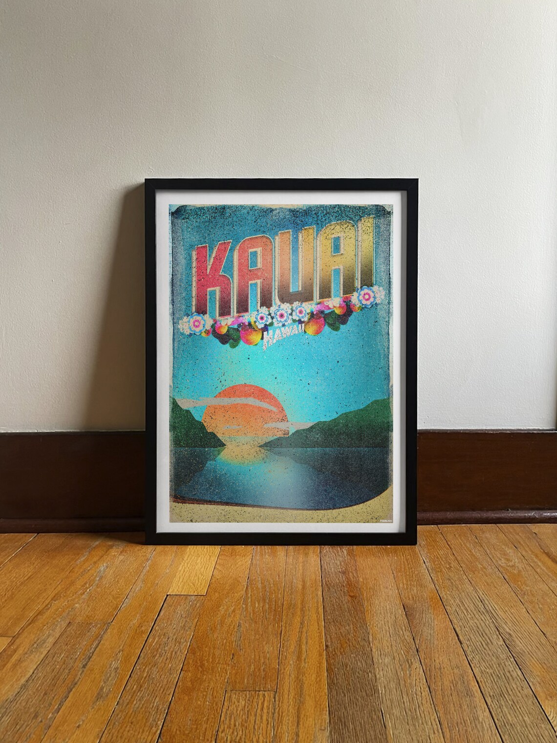 Kauai Hawaii Sunset Bay Flower Lei Retro Vintage Travel Poster