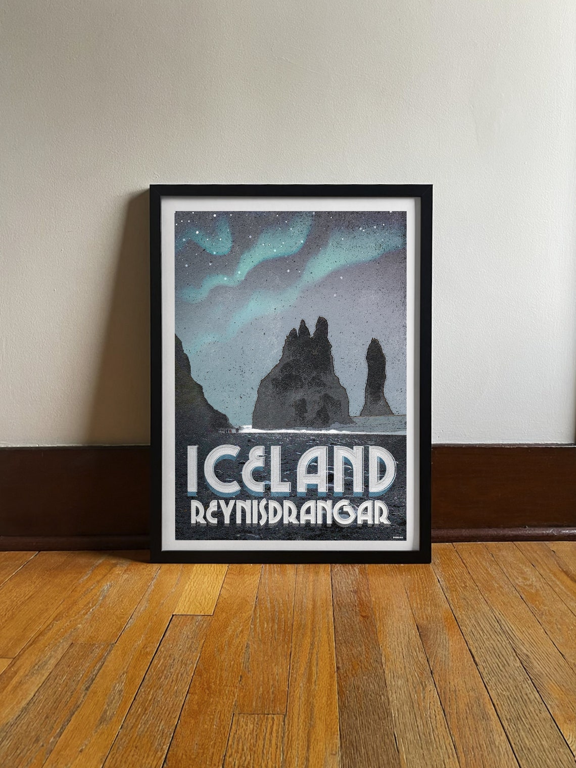 Iceland Reynisdrangar Sea Stacks Aurora Night Vintage Travel Poster