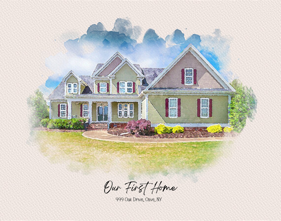 Our First Home Olive NY Pale Wash Sky Watercolor House Portrait Poster - Image 2