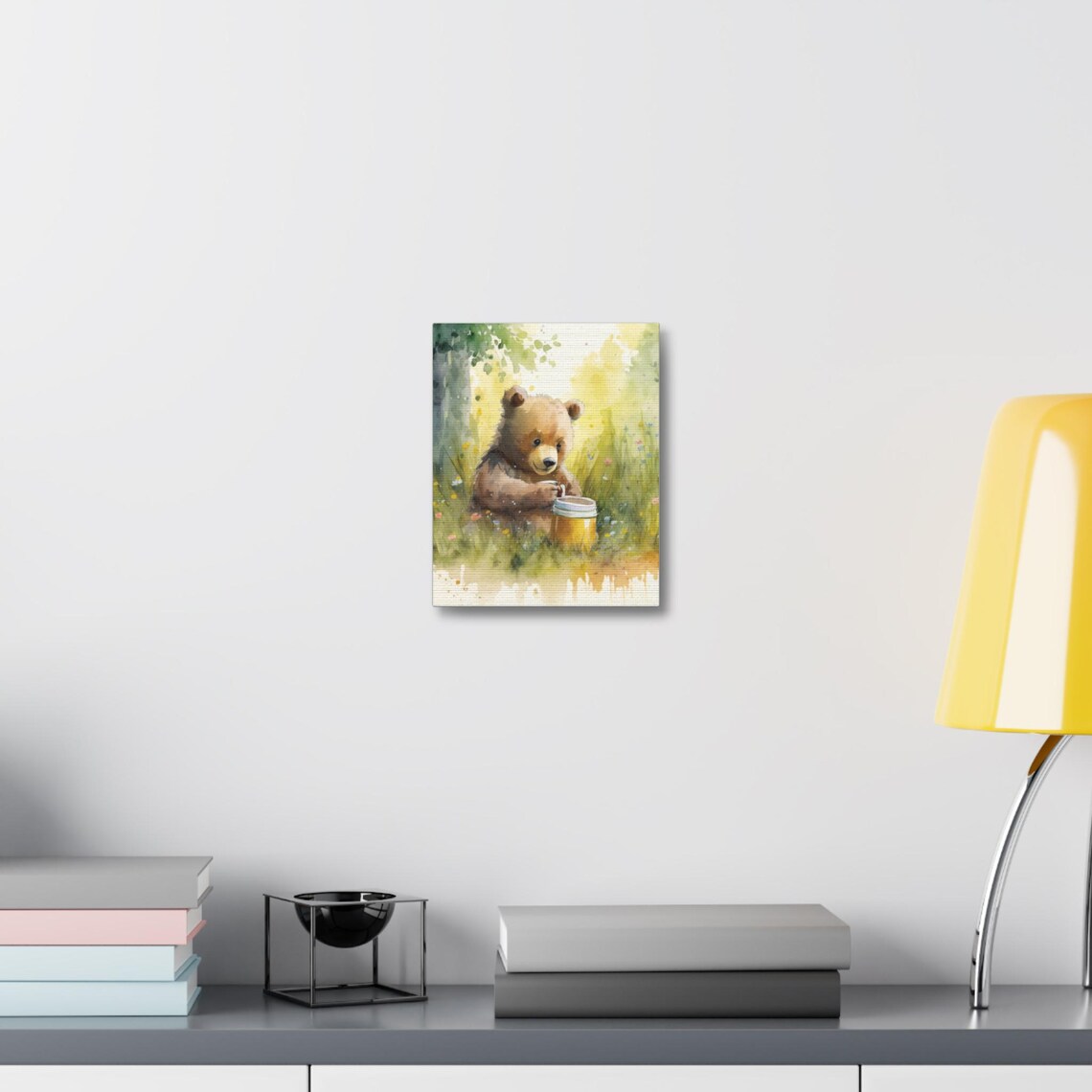 Baby Brown Bear Cub With Honey Pot Sunny Meadow Watercolor Poster - Image 2