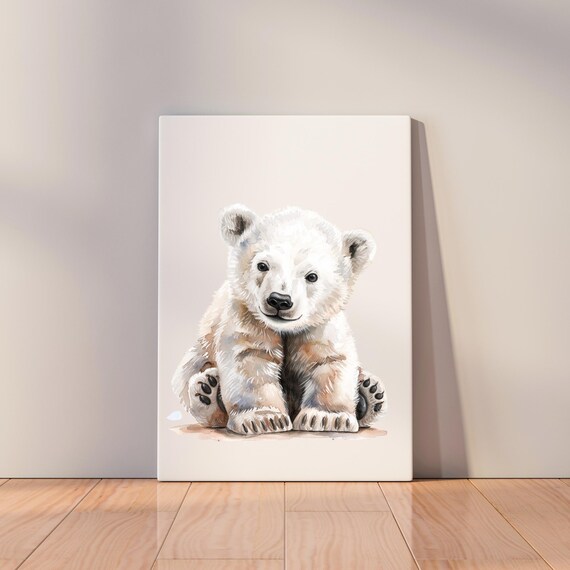 Baby Polar Bear Cub Sitting Soft Watercolor White Nursery Art Poster
